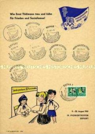 Blatt mit Sonderbriefmarke und zahlreichen Sonderstempeln zum IV. Pioniertreffen der DDR 1961 in Erfurt