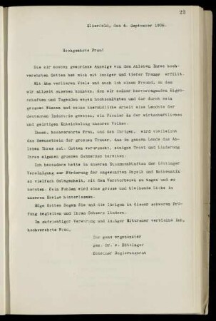 Beileidsbrief des Vorsitzenden v. Böttinger an Marie Althoff