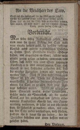 An die Verächter des Cato. Vorbericht.