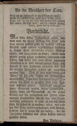 An die Verächter des Cato. Vorbericht.