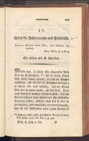 IV. Ueber die Büchercensur und Publicität