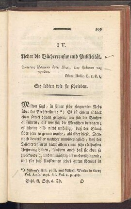 IV. Ueber die Büchercensur und Publicität