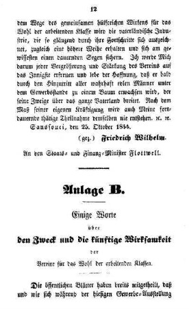 Anlage B. Einige Worte über den Zweck und die künftige Wirksamkeit der Vereine für das Wohl der arbeitenden Klassen