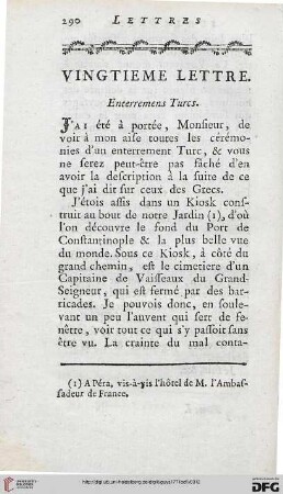 Vingtième lettre: Enterremens Turcs