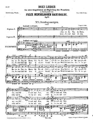 Felix Mendelssohn-Bartholdys Werke, 18,138. Nr. 138, Drei Lieder : op. 77. - 7 S. - Pl.-Nr. M.B.138
