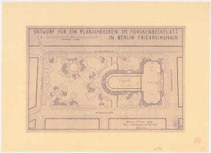 Planschbecken auf dem Forckenbeckplatz, Berlin-Friedrichshain: Grundriss des gesamten Forckenbeckplatzes mit Planschbecken und Spielplatz - Entwurfsalternative 1:500, Maßstabsleiste, Stempel