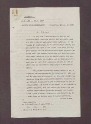 Abschrift eines Schreibens von Brockdorff-Rantzau für die Deutsche Friedensdelegation an Clemenceau; Abtreten von Reichsgebieten
