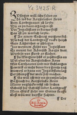 ZV singen will ichs fahen an || Zu lob der Kayserlichen Kron ||