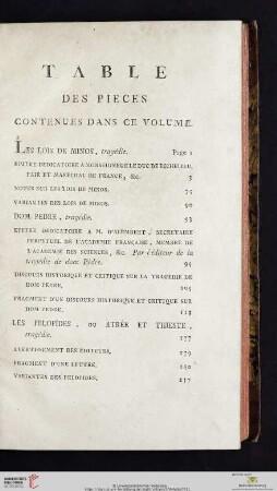 Table des pieces contenues dans ce volume