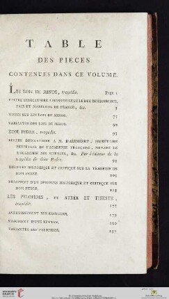 Table des pieces contenues dans ce volume