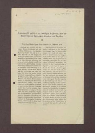 Note der Vereinigten Staaten vom 23. Oktober 1918; Druckschrift in zwei Spalten mit deutscher und englischer Fassung