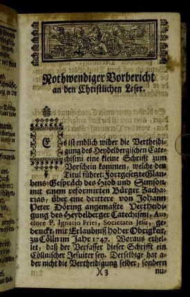 Nothwendiger Vorbericht an den Christlichen Leser.