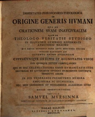 Dissertatio philosophico-theologica de origine generis humani