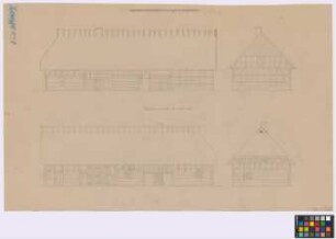 Bayhs [Layss] (Landkreis Braunsberg): Eigenkätnerhaus Behrendt. Haupthaus (zwei Seiten-Ansichten, zwei Giebel-Ansichten)