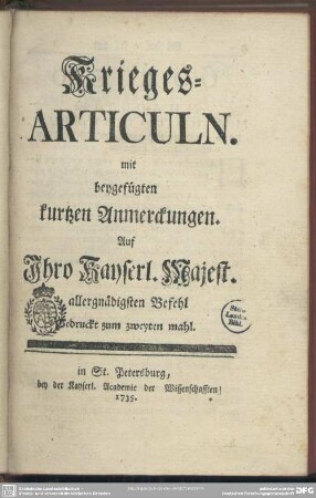 Krieges-Articuln : mit beygefügten kurtzen Anmerckungen