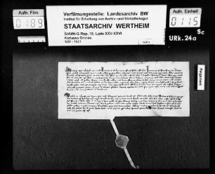 Die Kartause zu Chartreux (domus Carth[usi]e) transsumiert (copia sub sigillo) die päpstliche Littera 1355 Februar 28 (StAWt-G Rep. 18 Lade XXV Nr. 24a Transsumpt 1) und deren Bekanntmachung vom 26. April 1355 (StAWt-G Rep. 18 Lade XXV Nr. 24a Transsumpt 2).