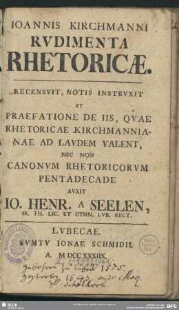 Joannis Kirchmanni Rudimenta Rhetoricae