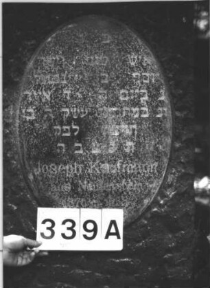 Grabstein 339 (Index: 99898430) Material: Granit Zustand: gut erhalten Maße HxBxT: 96x51x15 cm Beschreibung: grob behauene Stele mit Segmentbogenabschluss, ovales Schriftfeld: Grabstein 339A