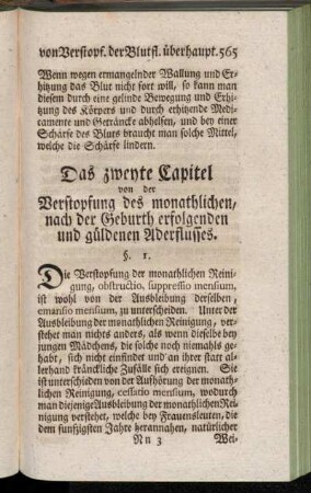 Das zweyte Capitel von der Verstopfung des monathlichen, nach der Geburth erfolgenden und güldenen Aderflusses
