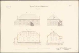 Gymnasium, Saarbrücken Turnhalle: Querschnitt und Längenschnitt, Seitenansicht und Vorderansicht, 1:100