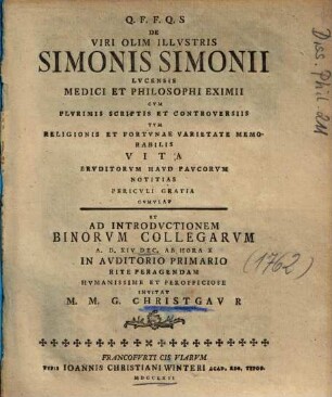 De Viri Olim Illvstris Simonis Simonii ... Vita