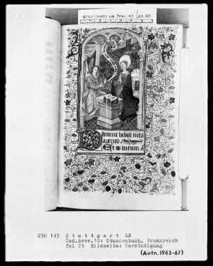Lateinisches Stundenbuch (Livre d'heures) — Verkündigung gerahmt von einer Vollbordüre, Folio 23recto