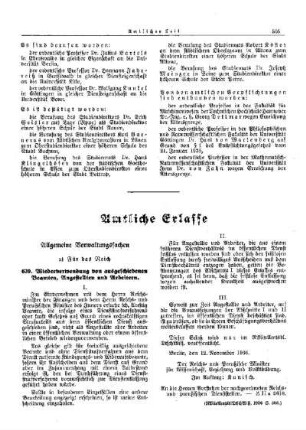 Wiederverwendung von ausgeschiedenen Beamten, Angestellten und Arbeitern : [Allgemeine Verwaltungssachen] ; [Für das Reich] ; [Amtliche Erlasse] ; [Amtlicher Teil]