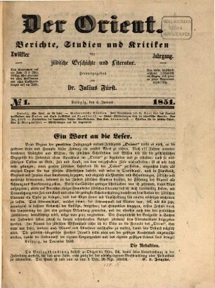 Der Orient : Berichte, Studien und Kritiken für jüdische Geschichte und Literatur. 12, 12. 1851