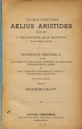 Quibus fontibus Aelius Aristides usus sit in componenda declamatione, quae inscribitur panathēnaikos