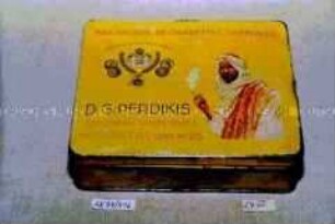 Blechdose für "100 CIGARETTES LUXE No 25, MANUFACTURE DE CIGARETTES ORIENTALES, D.G.PERDIKIS" (Abbildung eines rauchenden Orientalen)