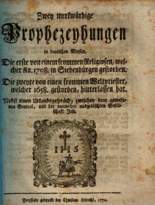 Zwey merkwürdige Prophezeyungen de 1708 und 1658