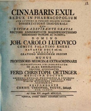 Cinnabaris exul, redux in pharmacopolium, cum auctore se publ. examini sistens dissertatione inaugurali