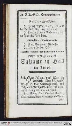 Kaiserl. Königl. O. Oest. Salzamt zu Hall im Tyrol