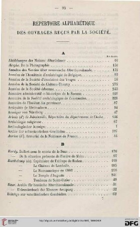 Répertoire alphabétique des ouvrages reçus par la Société