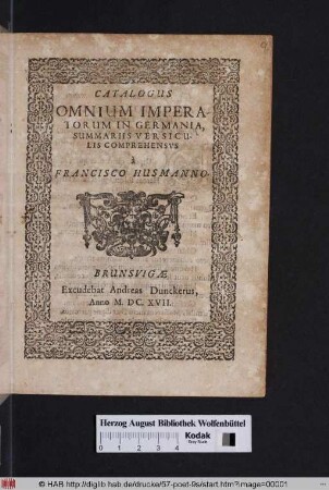 Catalogus Omnium Imperatorum Germania : Summariis Versiculis Comprehensus