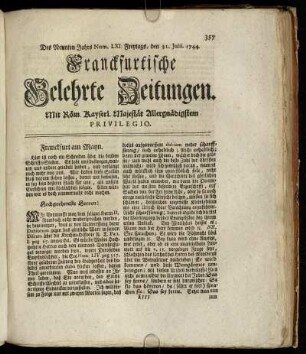 Num. LXI. Freytags, den 31. Julii. 1744 - Num. LXX. Dienstags, den 1. Sept. 1744