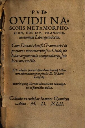 Pvb. Ovidii Nasonis Metamorphoseōn, Hoc Est, Transformationum Libri quindecim