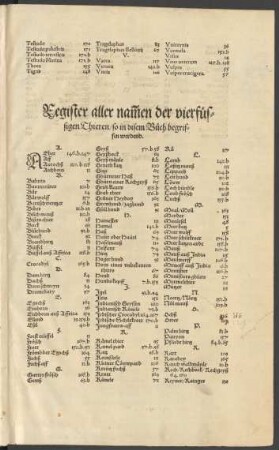 Register aller namen der vierfüssigen Thieren ...
