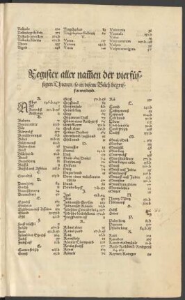 Register aller namen der vierfüssigen Thieren ...