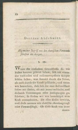 Dritter Abschnitt. Allgemeiner Begriff von den chemischen Verwandtschaften der Körper.