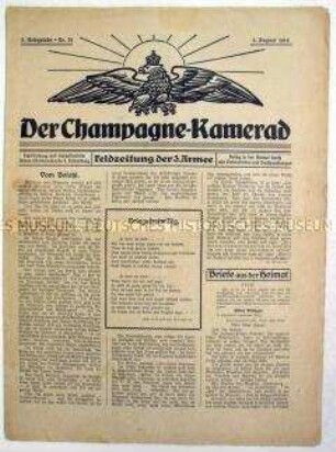 Kriegszeitung "Der Champagne-Kamerad" mit Kriegsberichterstattung von der Westfront und Unterhaltungsbeiträgen