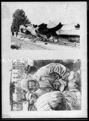 verunglückter Güterzug (oben); Kriegsgefangene (?), 2. Weltkrieg