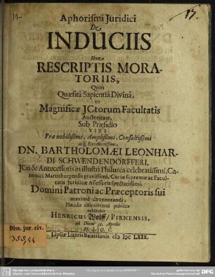 Aphorismi iuridici de induciis sive rescriptis moratoriis