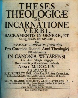 Theses theol. de incarnatione verbi, sacramentis in genere, et aliquibus in specie