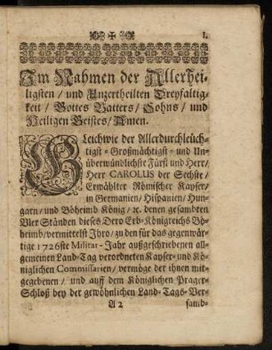 Im Nahmen der Allerheiligsten, und Unzertheilten Dreyfaltigkeit ...