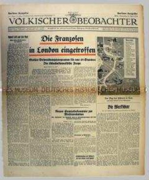 Tageszeitung "Völkischer Beobachter" u.a. über britisch-französische Gespräche zur tschechoslowakischen Frage