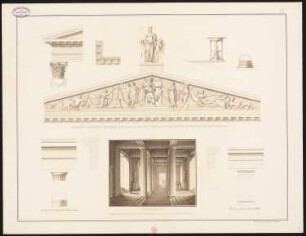 Privatgebäude (nach vorgeschriebenen Dimensionen und anderen Bedingungen): Perspektivische Ansicht der Durchfahrt, Portikusdetails: Gebälk, Kapitell Basis, Tympanon