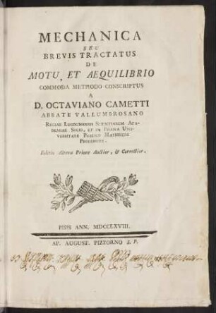 Mechanica seu brevis tractatus de motu, et aequilibrio commoda methodo