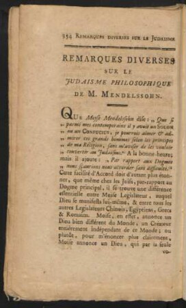 Remarques Diverses Sur Le Judaisme Philosophique De M. Mendelssohn