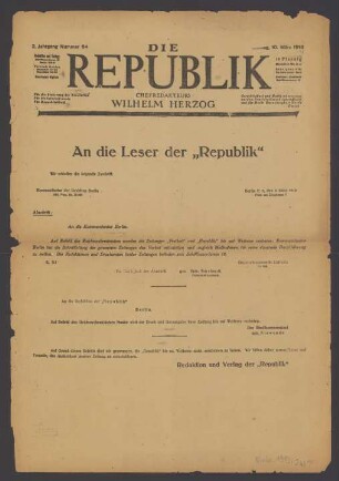 2. Jahrgang, Nummer 64 (10. März 1919): An die Leser der "Republik"